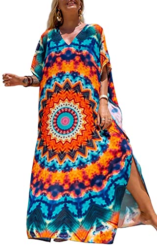 Orshoy Damen Bikini Cover Up Sommerkleid Lang Kaftan Maxikleid Strandponcho V-Ausschnitt Strandkleid Freizeitkleid Nachtwäsche Swimsuit Beach Cover Up Long Swimsuit B-Orange und Blau von Orshoy