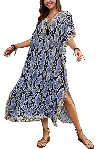 Orshoy Damen Bikini Cover Up Sommerkleid Lang Kaftan Maxikleid Strandponcho V-Ausschnitt Strandkleid Freizeitkleid Swimsuit Beach Cover Up A-Schwarz grau von Orshoy