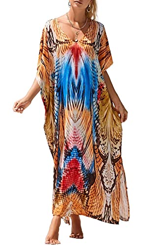 Orshoy Damen Bikini Cover Up Strandkleid Sommer Bademode Strandponcho V-Ausschnitt Strand Lose Causal Kleid mit Drucken Lang Freizeitkleid Umstandskleid Sommer A-Farbiges Schlangenmuster von Orshoy