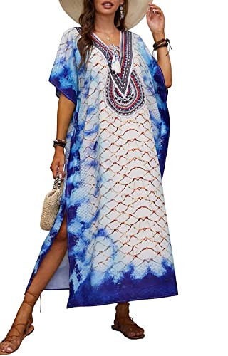 Orshoy Damen Bikini Cover Up Strandkleid V Ausschnitt Kurzarm Seitenschlitz Freizeitkleid Sommer Beach Maxi Dress Sleepwear A-Fischschuppenmuster von Orshoy