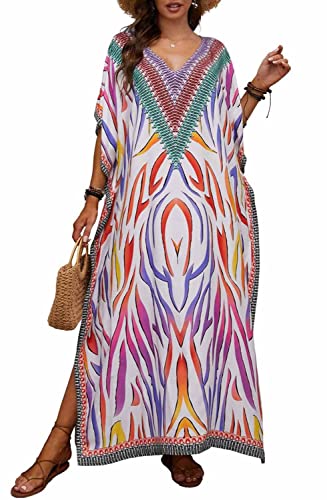 Orshoy Damen Bikini Cover Up Strandkleid V Ausschnitt Kurzarm Seitenschlitz Freizeitkleider Sommer Beach Maxi Dress Lange Freizeitkleider Loose Casual Strandkleid A-Print 2 von Orshoy