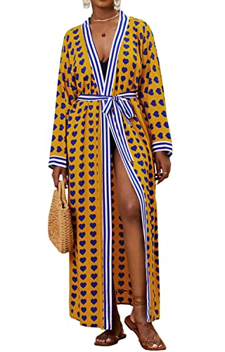 Orshoy Damen Blumendruck Kimono Strickjacke Boho Strandkleid Pareos Poncho Sommer Strand Cardigan Bikini Cover Up Morgenmantel Gelbe mit Herzen von Orshoy