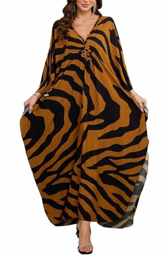 Orshoy Damen Bohemian Kaftan Kleider Batwing Sleeve Strandkleid V-Ausschnitt Vertuschungen Caftan Badeanzug Cover Up Loungewear Maxi Kleid Schwarz Braun Zebra von Orshoy