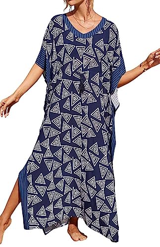 Orshoy Damen Bohemian Kaftan Sommerkleid Langes Loungewear Strandkleid Nachthemd Vertuschungen Robe Sarong Pareo Übergroßer Kaftan Sommer Strandponcho Marineblau von Orshoy