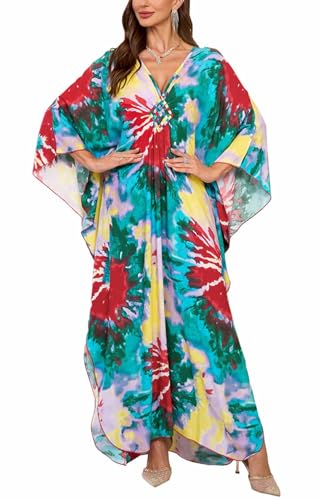 Orshoy Damen Boho Kimono Kaftans Strandkleid Vertuschungsroben Beach Cover Up V-Ausschnitt Caftan Maxi Kleid Sommerkleid One Szie Druck3 von Orshoy