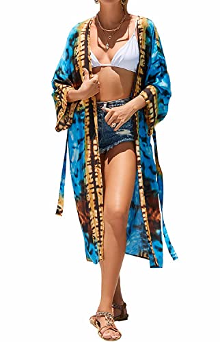 Orshoy Damen Cardigan Strandkleid Bikini Cover Up Sommer Strickjacke Beachwear Lang Strandponcho Beach Cardigan Damenmode Vertuschung Blumendruck Kimono A-Blau/Gelb von Orshoy