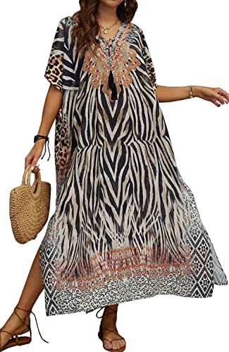 Orshoy Damen Casual Kurzarm Lange Badeanzug Cover Ups Maxi Dress Long Dresses Maxikleid Sommer Badeanzug Freizeitkleid A-Print 4 von Orshoy