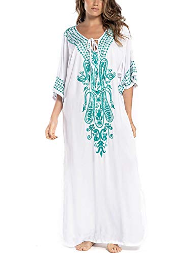 Orshoy Damen Elegante Lange Strandponcho Ethnischer Druck Lose Kaftan Smock Sommer Maxikleid Bikini Cover Ups Beachwear A01 Weiß von Orshoy