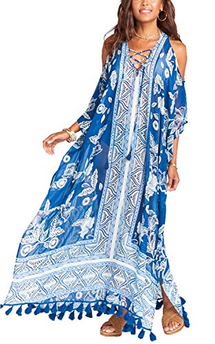 Orshoy Damen Elegante Strandponcho Ethnischer Druck Lose Kaftan Sommer Maxikleid Elegante Blumen Sommer Kleid Chiffon Tunika Strandkleider Freizeitkleid Blau von Orshoy