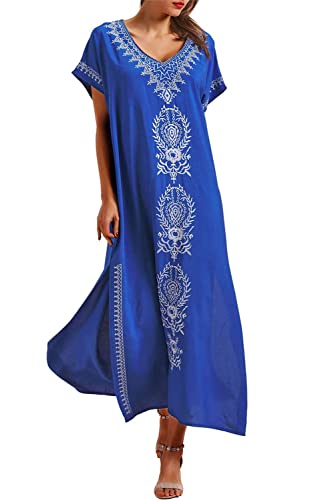 Orshoy Damen Embroidery Short Sleeve Bikini Swimsuit Cover Up Mit Seitenschlitz Boho Freizeitkleid Nachtwäsche W1 Weiße Stickerei in Blau von Orshoy