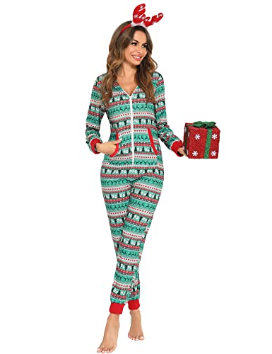 Orshoy Jumpsuit Onesie Overall Damen Freizeitanzug Schalfoverall Hausanzug Einteiler Strampler Trainingsanzug Pyjama mit Norweger Muster für Damen Grün L von Orshoy