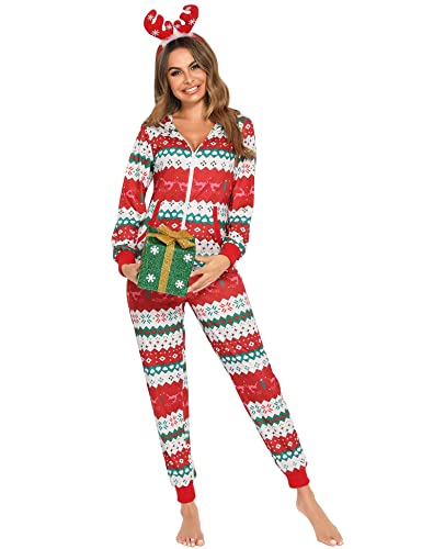 Orshoy Jumpsuit Onesie Damen Schlafoveralls Weihnachten mit Kapuze Trainingsanzug Einteiler Pyjamas Schlafanzug Langarm Strampler Xmas für Frauen Mädchen Weiß L von Orshoy