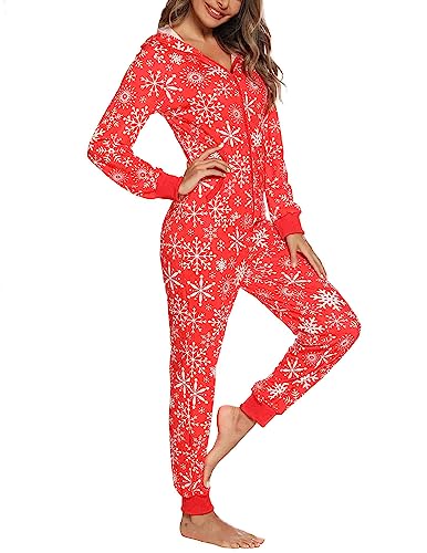 Orshoy Damen Jumpsuit Pyjama Set Schlafoverall Nachtwäsche Onesie Anzug Einteiler Overall Winter Weihnachten Rot L von Orshoy