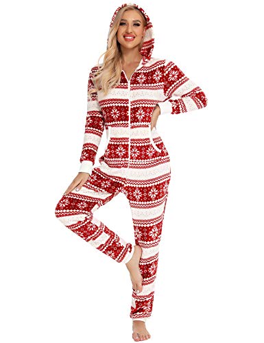 Orshoy Damen Jumpsuit Schlafoverall Ganzkörperanzug Schlafanzug Pyjama Nachtwäsche Strampelanzug Herbst und Winter Hausanzug Overall Mit Kapuze und Reißverschluss Rosa(Eiskristalle) XL von Orshoy