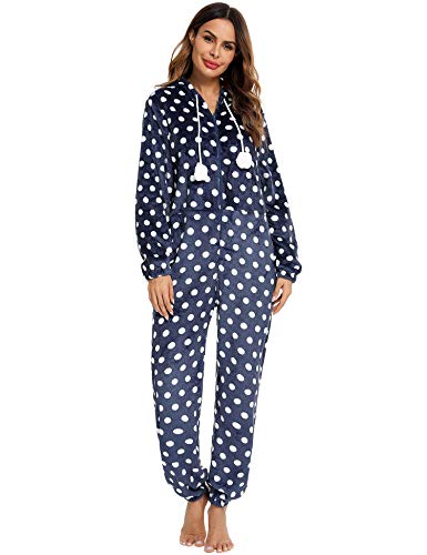 Orshoy Damen Jumpsuit aus kuscheligem Fleece | Overall | Ganzkörperanzug Onesie mit Norwegermuster & Kapuzen Navy Punkte XL von Orshoy