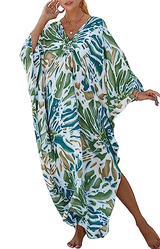 Orshoy Damen Kaftan Dresses Cover Up Plus Size Print Maxikleid Causal Kleid Maxi Kaftan Langes Kleid Sommer Lose Kurzarm Muster 2 von Orshoy