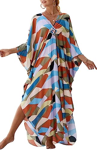 Orshoy Damen Kaftan Dresses Cover Up Plus Size Print Maxikleid Causal Kleid Maxi Kaftan Langes Kleid Sommer Lose Kurzarm Muster 4 von Orshoy