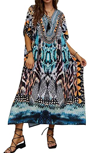 Orshoy Damen Kaftan Dresses Print Swimsuit Cover Up Beach Dress Loose Sommerkleid Strandkleid Sommer Boho Strandponcho A-Blau und orange von Orshoy