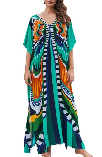 Orshoy Damen Kaftan Kleid Bikini Strandkleid Sommerkleid V Ausschnitt Pareos Sommer Maxikleid Strand Lange Badeanzug Cover Ups Blau-Grün von Orshoy