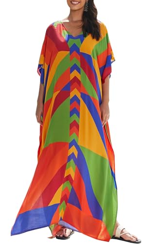 Orshoy Damen Kaftan Kleid Bikini Strandkleid Sommerkleid V Ausschnitt Pareos Sommer Maxikleid Strand Lange Badeanzug Cover Ups Mehrfarbige Geometrie von Orshoy