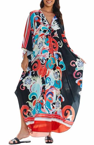Orshoy Damen Kaftan Kleid Strandkleid Bikini Cover Up Lose Sommerkleid V Ausschnitt Maxikleid Sommer Strandponcho Bademode Coverup Bunte Blumen von Orshoy