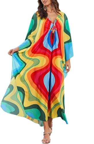 Orshoy Damen Kaftan Kleid Strandkleid Bikini Cover Up Lose Sommerkleid V Ausschnitt Maxikleid Sommer Strandponcho Bademode Coverup Bunte Wellen von Orshoy