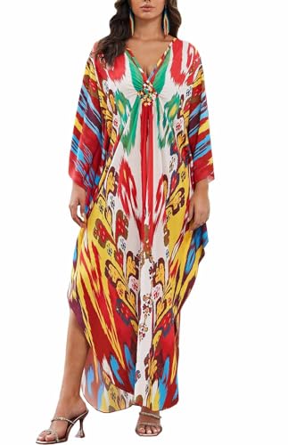 Orshoy Damen Kaftan Kleid Strandkleid Bikini Cover Up Lose Sommerkleid V Ausschnitt Maxikleid Sommer Strandponcho Bademode Coverup Rot Gelb von Orshoy