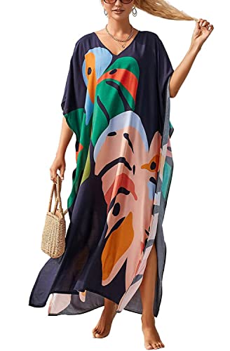 Orshoy Damen Kaftan Kleid Tunika Lang Maxi Oversized Freizeitkleid Loungewear Bikini Strand Cover Up Kaftans Loose Casual Strandkleid Nachthemd Lässige Langkleider A-Blätter von Orshoy