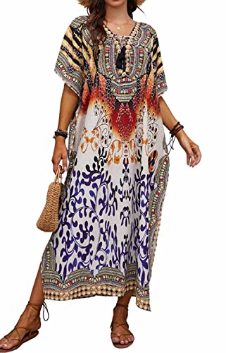 Orshoy Damen Kaftan Kleid Übergröße Strandkleider Lang Kleid Badeanzug Cover Ups Sommer Strandponcho Baumwolle A-Print 3 von Orshoy