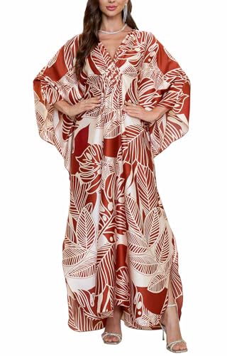 Orshoy Damen Kaftan Sommer Maxi Kleid Kaftan Langes Leicht Strandkleid Lange Kleid Sommer Strandponcho Rotes Weißes Blatt von Orshoy