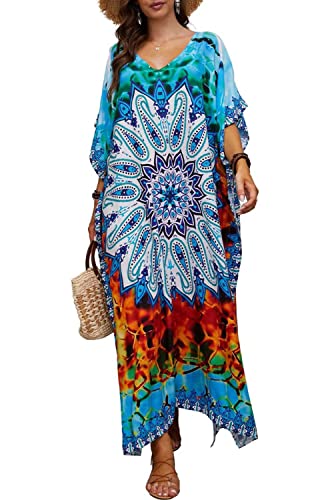 Orshoy Damen Kaftan Strandkleid Pareo Blumendruck Kimono Maxi Langes Kleid Tunika Ethnischer Maxikleid Bikini Cover ups Pareo Tunika Stillkleid Umstandskleid Sommer A-Blau von Orshoy