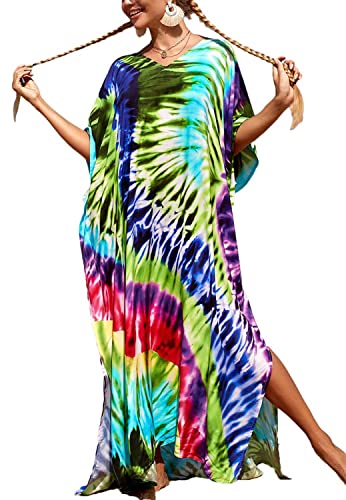 Orshoy Damen Kaftan Übergröße Strandkleider Kimono Lang Kleid Badeanzug Cover Ups Boho Sommer Kaftan Maxikleid für Urlaub und Strand A-Grün von Orshoy