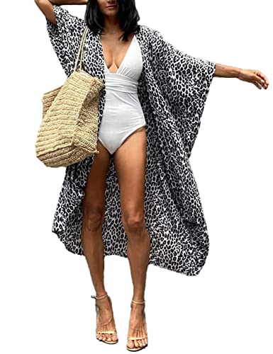 Orshoy Damen Kimono Cardigan Bikini Cover Up Strandpocho Kaftan Strandkleid Boho Beachwear Kleid für Urlaub Strand Bademode A-Leopard Schwarz von Orshoy