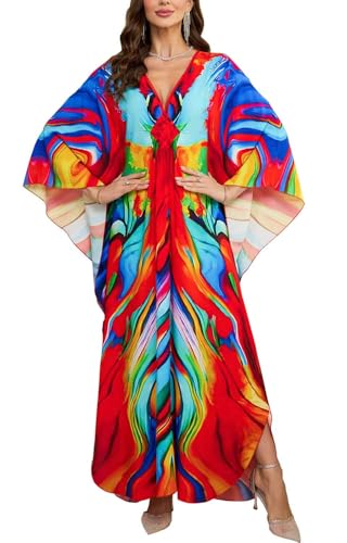 Orshoy Damen Kimono Kaftan Nachthemd Langes Bohemian Strandkleid Vertuschungen Maxi Bikini Cover Up Maxikleid Sommerkleid Beach Dress Brillante Farben von Orshoy