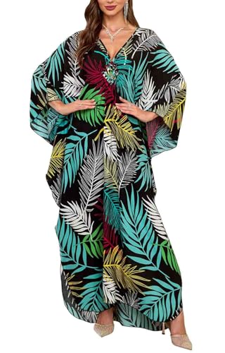 Orshoy Damen Kimono Kaftan Strandkleid Lang Sommerkleid Caftan Maxi Bikini Cover Up Vertuschungen Bademode Caftan Kleid Beach Dress Bunte Blattmuster von Orshoy
