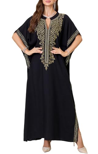 Orshoy Damen Kurzarm Kaftan Strandkleid Langes Beachwear Bikini Cover Ups Boho Strandponcho Loungewear Nachthemd Sommer Lässiges Abendkleid Schwarz 1 von Orshoy
