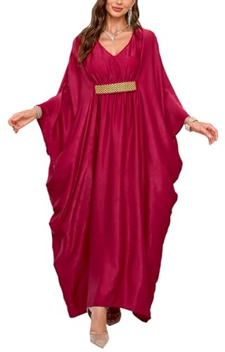 Orshoy Damen Lang Kaftan Sommerkleid Beach Bikini Coverups V-Ausschnitt Kleid Hochzeitskleid Causal Kleid Partykleid Nachtwäsche Rot von Orshoy