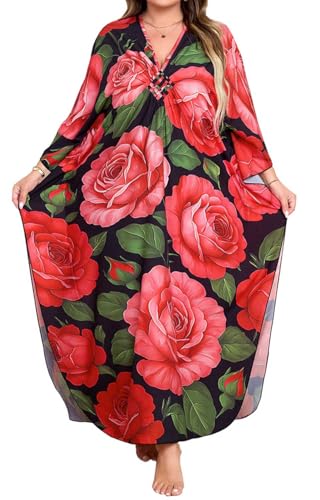 Orshoy Damen Lang Sommer Maxikleid V Ausschnitt Sommerkleid Casual Beach Kaftan Kleid Langes Bikini Strandkleid V-Ausschnitt Caftan Maxi Kleid Beachwear Sommer Rose von Orshoy