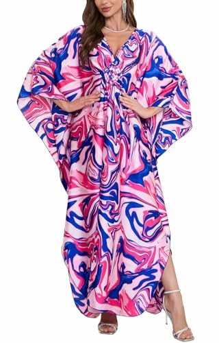 Orshoy Damen Lange Kaftan Kleider Sommerkleid V Ausschnitt Lang Sommer-Kleider Bikini Cover Up Party Boho Beach Maxi Dress Sleepwear Tunika Nachtwäsche Rosa Blaue Krawattenfarbe von Orshoy