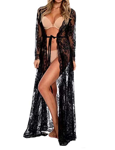 Orshoy Damen Lange Kimono Cardigan Strand Spitze Sommer Bluse Tops Strickjacke Beachwear Bikini Cover up Leichte Boho Jacke Schwarz von Orshoy
