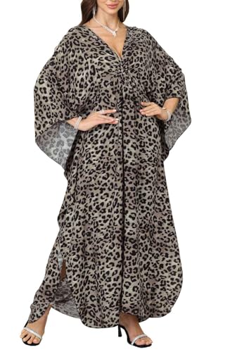 Orshoy Damen Lose Kaftan Kleid Boho Strandponcho Lange Loungewear Maxi Strandkleid Vertuschungen Kimono Caftan Bikini Cover Up Sommer Grau Leopard Dots von Orshoy