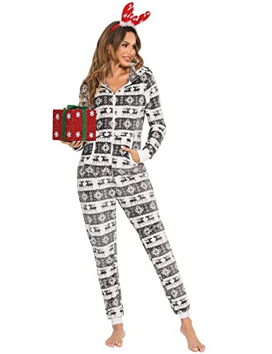 Orshoy Damen Mädchen Schlafoverall Onesie Alles in Einem Beiläufig Nachtwäsche Winter Kuschelig Jumpsuit Schlafanzüge Mit Kapuze Grau & Renntier L von Orshoy