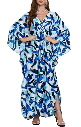 Orshoy Damen Maxi Kaftan Sommer Casual Long Maxi Kleider Strandkleid Sommer Casual Lange Kleider Elegant Sommer Kleid Bikini Cover Up Boho Strandponcho Sommer Blaue Weiße von Orshoy