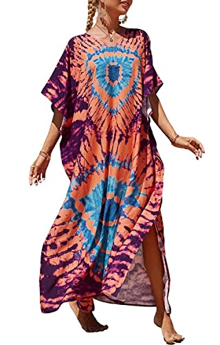 Orshoy Damen Maxi Kaftan Tunika Kaftan Beach Maxikleid Ethnischer Druck Lose Kaftan Smock Sommer Maxikleid Elegante Strandponcho Bademode A-Orange/lila von Orshoy