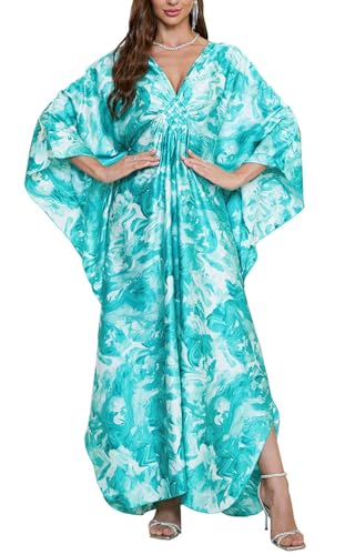 Orshoy Damen Maxikleid Sommer Boho Strandkleider Lässige Lange Kleid mit V Ausschnitt Lange Freizeitkleider Sommer Strand Maxi Dress Bademode One Size Blaue Weiße Krawattenfarbe von Orshoy