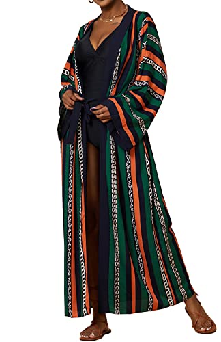 Orshoy Damen Offene Front Strand Lang Beach Kimono Cardigan Open Front Bikini Swimsuit Cover Ups Beachwear Bedecken, Strandkleider Grün und orange von Orshoy