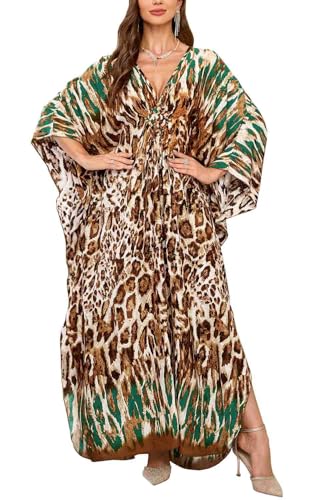 Orshoy Damen Plus Größe Kaftan Kleider Strand Kaftane Lose Badeanzug Cover Up Casual Resort Maxi Kleid Loungewear Vertuschungen Robe Großer Leopard von Orshoy
