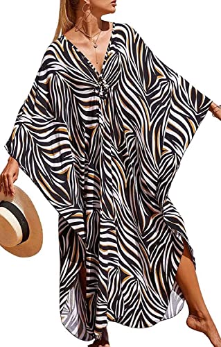 Orshoy Damen Print Kaftan Beachwear Strandkleid Sommekleid Bikini Cover Up Maxi Kleid Freizeitkleid Nachtwäsche Causal Kleid Badeanzug Zebra Schwarz von Orshoy