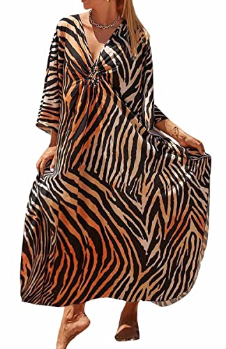 Orshoy Damen Print Türkisch Kaftan Beachwear Bikini Cover Up Maxi Kleid Sommekleid Strandkleid Freizeitkleid Nachtwäsche Schwarz Braun von Orshoy