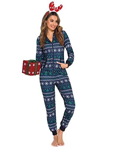 Orshoy Damen Pyjama Schlafoverall Nachtwäsche Onesie Jogging Anzug mit Kapuze für Herbst Winter Weihnachten Neujahr mit Taschen Navy Blau XL von Orshoy